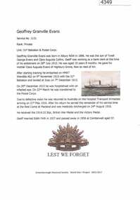 Article, Greensborough Historical Society et al, Geoffrey Granville Evans, 1914-1918