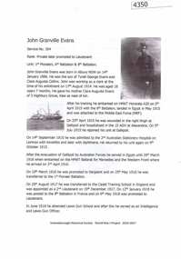 Article, Greensborough Historical Society et al, John Granville Evans, 1914-1918