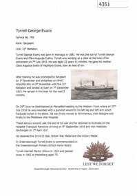 Article, Greensborough Historical Society et al, Tyrrell Granville Evans, 1914-1918