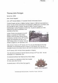 Article, Greensborough Historical Society et al, Thomas John Finnigan, 1914-1918