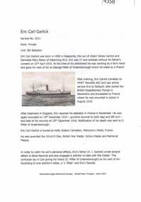 Article, Greensborough Historical Society et al, Eric Carl Garlick, 1914-1918