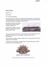 Article, Greensborough Historical Society et al, Henry Green, 1914-1918