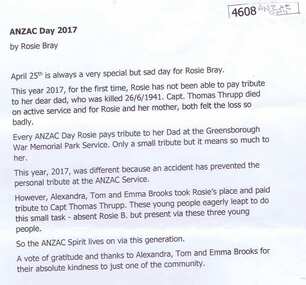 Article and Photograph, Rosie Bray, Anzac Day 2017 and Rosie Bray, 25/04/2017