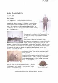 Article, Greensborough Historical Society et al, Leslie Condor Guthrie, 1914-1918