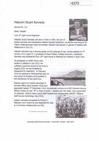 Article, Greensborough Historical Society et al, Malcolm Stuart Kennedy, 1914-1918