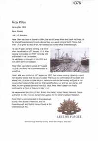 Article, Greensborough Historical Society et al, Peter Killen, 1914-1918