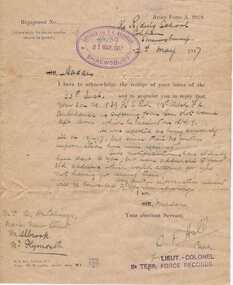 Letter - Digital Image, Samuel Rich injury notification letter, 1917, 21/05/1917