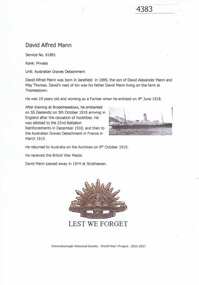 Article, Greensborough Historical Society et al, David Alfred Mann, 1914-1918