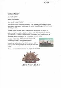 Article, Greensborough Historical Society et al, William Martin, 1914-1918