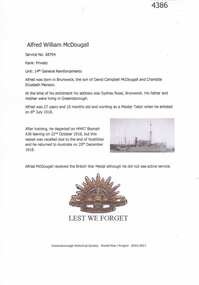 Article, Greensborough Historical Society et al, Alfred William McDougall, 1914-1918