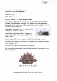 Article, Greensborough Historical Society et al, Reginald Harold McDowell, 1914-1918