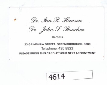 Business card, Doctors Hansen and Boucher - Dentist Business Card, 1991_