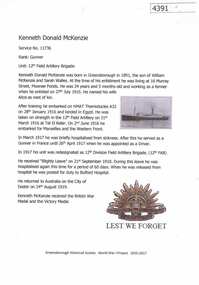 Article, Greensborough Historical Society et al, Kenneth Donald McKenzie, 1914-1918