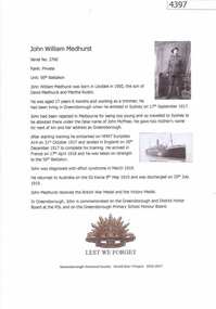 Article, Greensborough Historical Society et al, John William Medhurst, 1914-1918