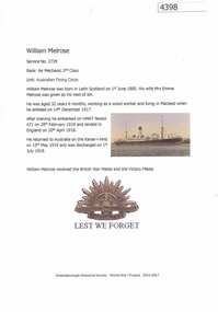 Article, Greensborough Historical Society et al, William Melrose, 1914-1918
