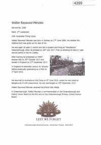 Article, Greensborough Historical Society et al, Walter Raywood Menzies, 1914-1918