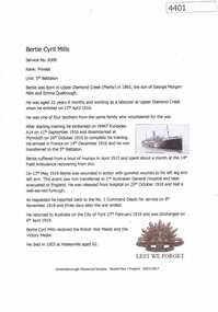 Article, Greensborough Historical Society et al, Bertie Cyril Mills, 1914-1918