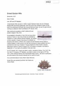 Article, Greensborough Historical Society et al, Ernest Gordon  Mills, 1914-1918