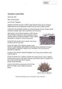 Article, Greensborough Historical Society et al, Jonathan Lionel  Mills, 1914-1918