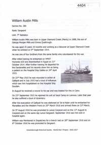 Article, Greensborough Historical Society et al, William Austin Mills, 1914-1918
