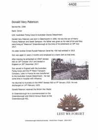 Article, Greensborough Historical Society et al, Donald Vary Paterson, 1914-1918