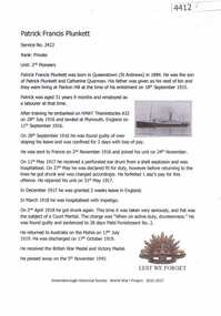 Article, Greensborough Historical Society et al, Patrick Francis Plunkett, 1914-1918