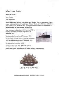 Article, Greensborough Historical Society et al, Alfred Leslie Poulter, 1914-1918