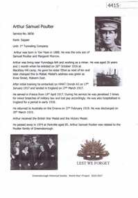 Article, Greensborough Historical Society et al, Arthur Samuel Poulter, 1914-1918