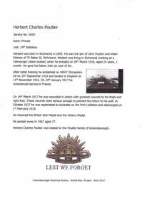 Article, Greensborough Historical Society et al, Herbert Charles Poulter, 1914-1918