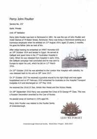 Article, Greensborough Historical Society et al, Percy John Poulter, 1914-1918