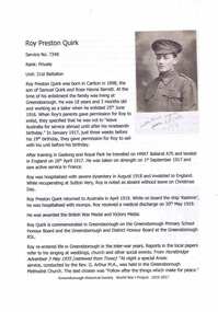 Article, Greensborough Historical Society et al, Roy Preston Quirk, 1914-1918