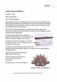 Article, Greensborough Historical Society et al, Joshua Henry Robinson, 1914-1918