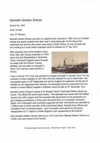 Article, Greensborough Historical Society et al, Kenneth Gordon Sharpe, 1914-1918