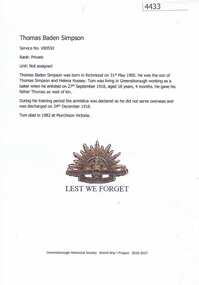 Article, Greensborough Historical Society et al, Thomas Baden Simpson, 1914-1918