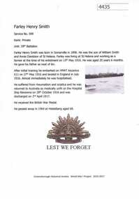 Article, Greensborough Historical Society et al, Farley Henry Smith, 1914-1918