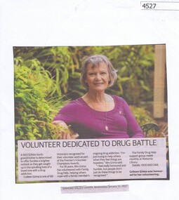 Newspaper Clipping, Diamond Valley Leader, Volunteer Dedicated to Drug Battle, 11/01/2017