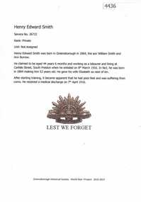 Article, Greensborough Historical Society et al, Henry Edward Smith, 1914-1918