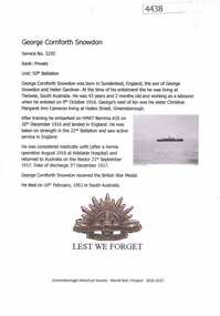 Article, Greensborough Historical Society et al, George Cornforth Snowdon, 1914-1918