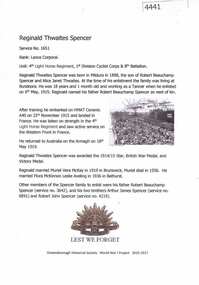 Article, Greensborough Historical Society et al, Reginald Thwaites Spencer, 1914-1918