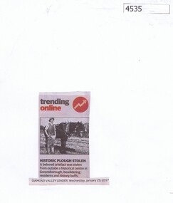 Newspaper Clipping, Diamond Valley Leader, Historic Plough Stolen, 25/01/2017
