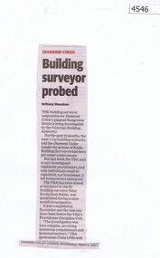 Newspaper Clipping, Diamond Valley Leader, Building surveyor probed, 01/03/2017