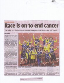 Newspaper Clipping, Diamond Valley Leader, Race is on to end cancer, 08/03/2017