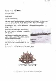 Article, Greensborough Historical Society et al, Harry Frederick Miller, 1914-1918