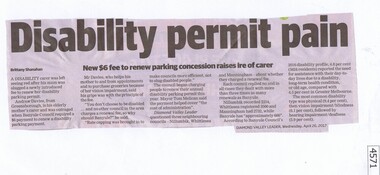 Newspaper Clipping, Diamond Valley Leader, Disability permit pain, 26/04/2017