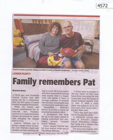 Newspaper Clipping, Diamond Valley Leader, Family remembers Pat, 26/04/2017