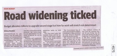 Newspaper Clipping, Diamond Valley Leader, Road widening ticked, 03/05/2017
