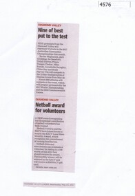 Newspaper Clipping, Nine of the best put to the test ; and, Netball award for volunteers, 10/05/2017