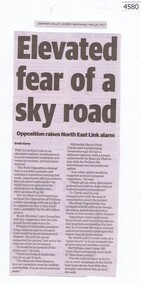 Newspaper Clipping, Diamond Valley Leader, Elevated fear of a sky road, 24/05/2017