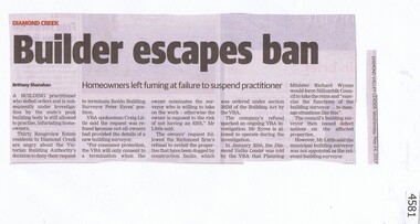 Newspaper Clipping, Diamond Valley Leader, Builder escapes ban, 24/05/2017