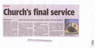 Newspaper Clipping, Diamond Valley Leader, Church’s final service, 14/06/2017